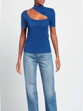 Berna Women’s Royal Blue Metallic Short Sleeve Asymmetric Cutout Tee size S
